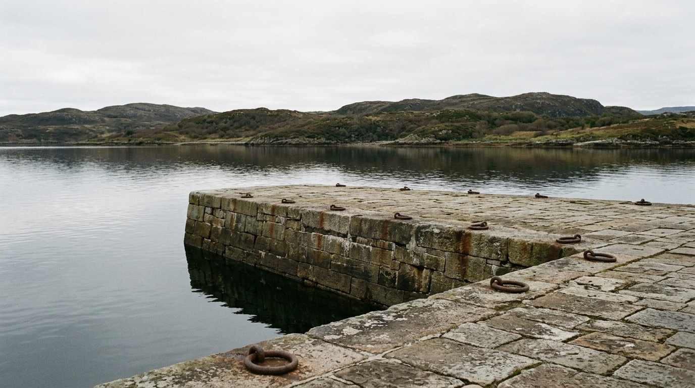 A stone quay meeting still grey water in soft northern light, with iron mooring rings set into the edge and low hills behind, empty of boats and people