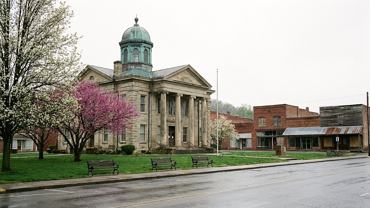 Red brick county courthouse with tall windows and a square clock tower behind a bare spring lawn under a flat gray sky