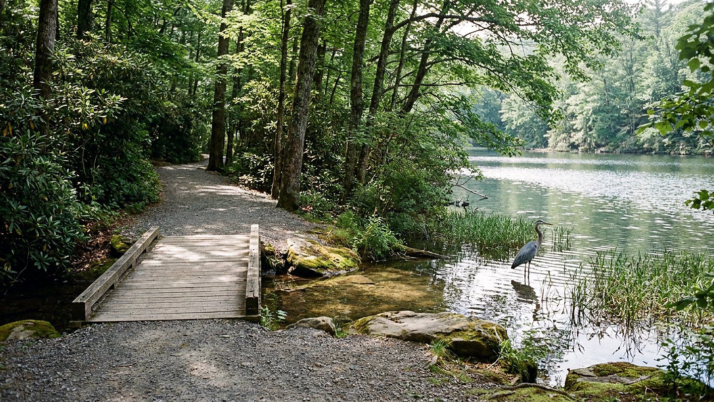 Small still lake ringed by green hardwoods with a gravel trail along the near shore