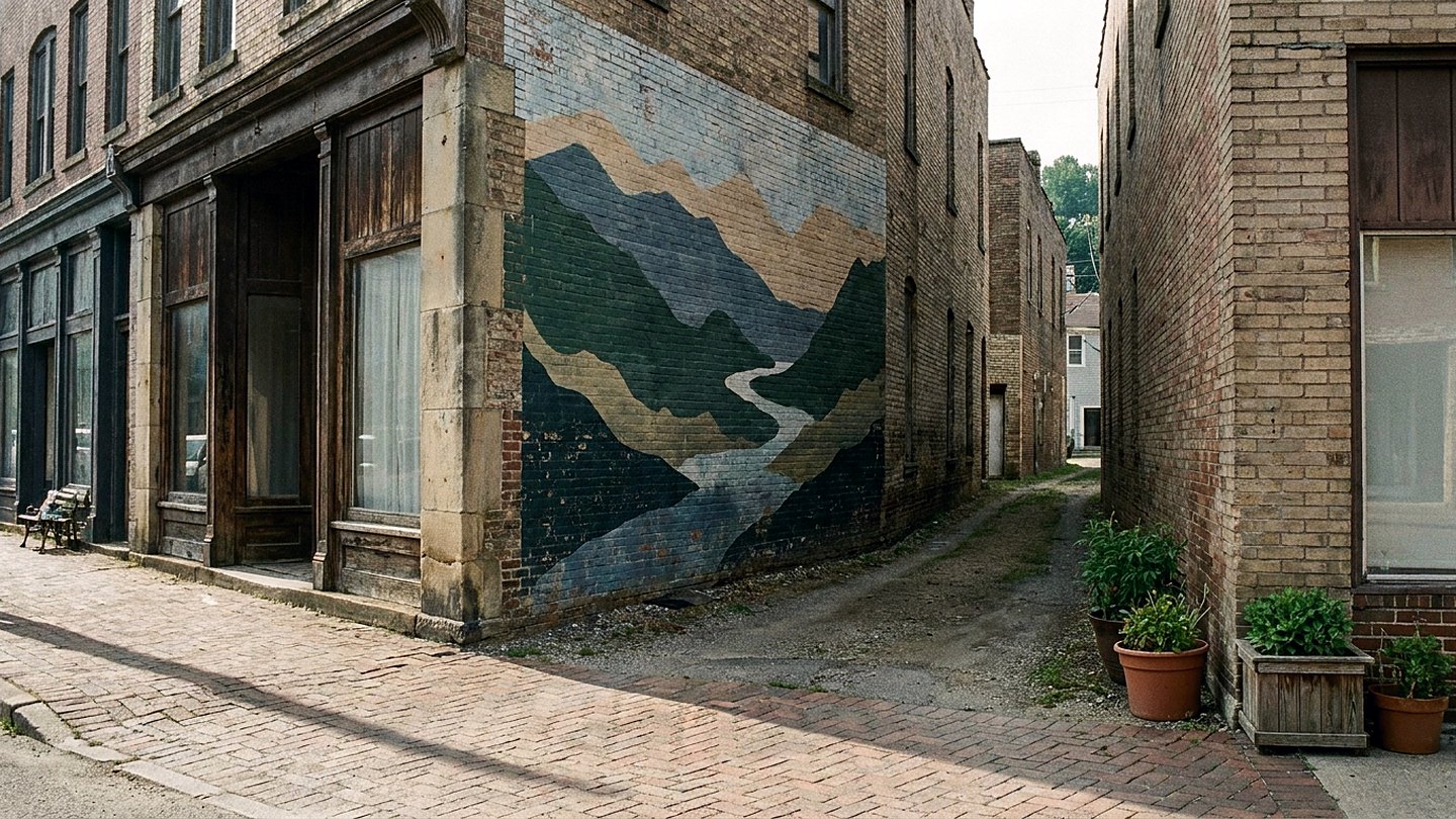 Tall painted brick wall of ridgelines and river bands above an empty city sidewalk in early morning summer light