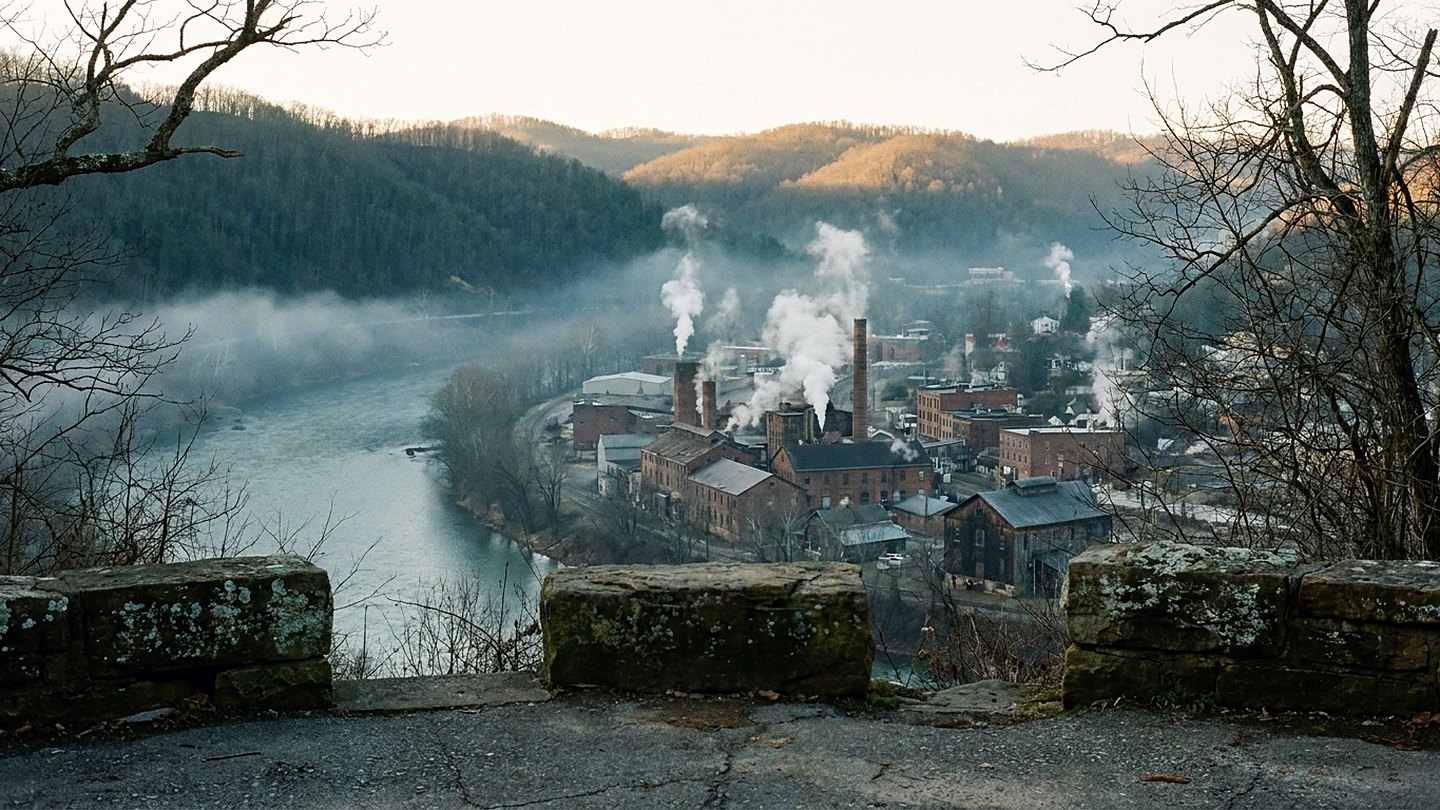 A wooded ridge overlook at dawn above a river valley with a city in shadow and bare winter hills beyond