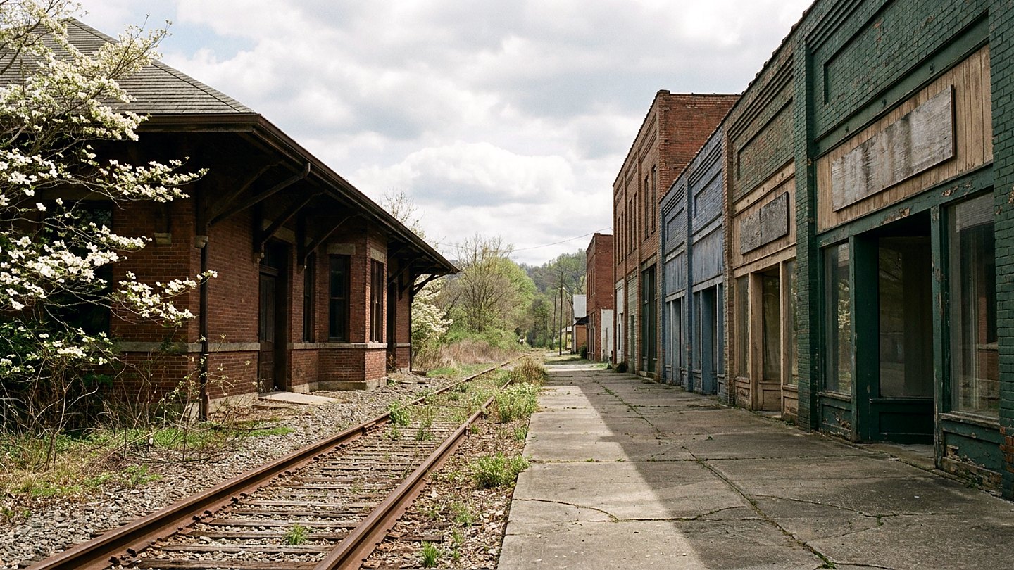 Weathered brick commercial building beside railroad tracks at the bottom of a river gorge