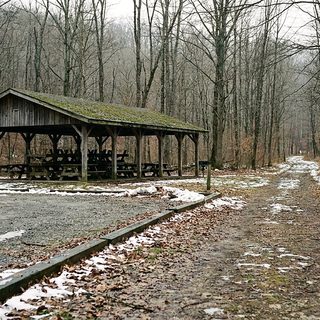 Empty picnic shelter and bare hardwood slope in a West Virginia state park in winter